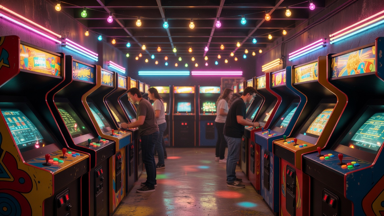 Playful retro digital arcade atmosphere